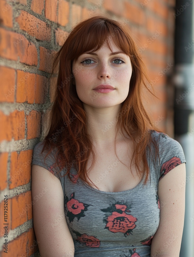 Fototapeta premium Confident young woman with long reddish hair leaning against a rustic orange brick wall wearing a floral grey top showcasing an inviting atmosphere for text