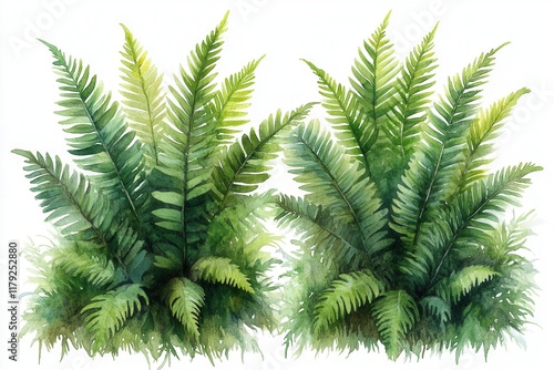 Two lush green ferns depicted in a watercolor style, emphasizing natural beauty.