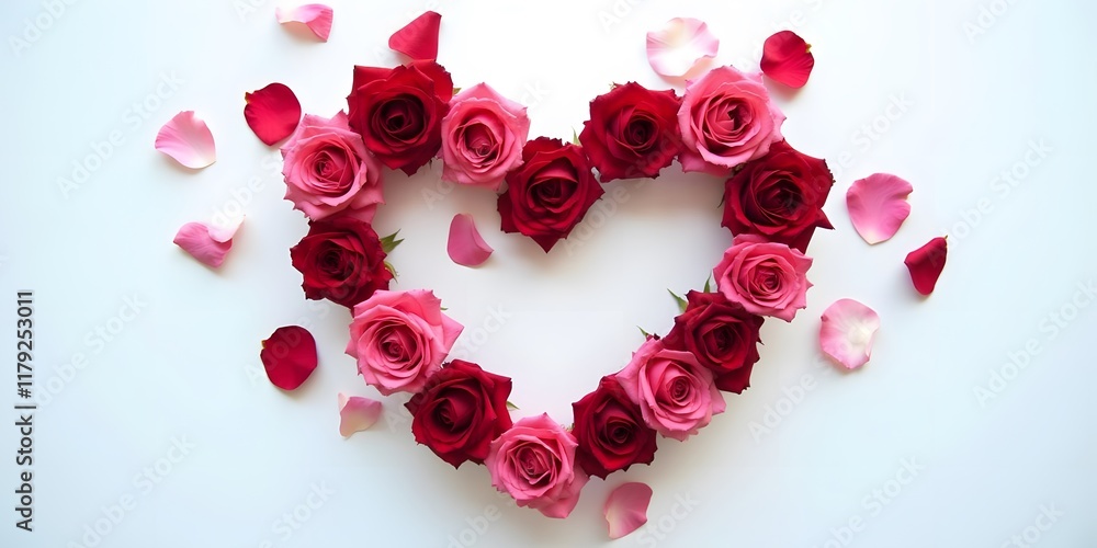 Romantic heart-shaped arrangement of pink and red roses, scattered petals on white background. Perfect for Valentine's Day! Romantic heart-shaped arrangement of pink and red roses, scattered petals on white background. Perfect for Valentine's Day!