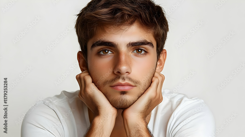 Young Man Holds Chin with Thoughtful Gaze: A Portrait of Contemplation on a White Backdrop Young Man Holds Chin with Thoughtful Gaze: A Portrait of Contemplation on a White Backdrop