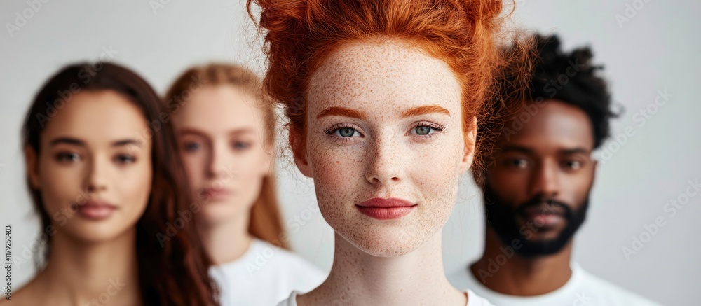 Fototapeta premium Diverse Group Portrait of Freckled Red Haired Woman with Casual White Attire Surrounded by Multicultural Friends in Studio Setting