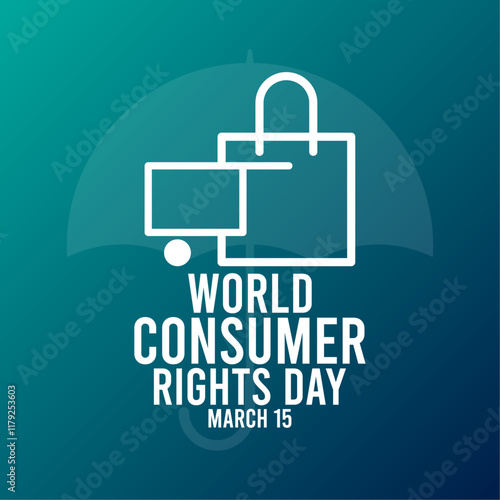 World Consumer Rights Day. March 15. Grocery bag and shopping cart line icon. Gradient background. Umbrella silhouette. Poster, banner, card, background.