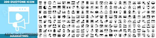 Marketing Duotone Editable Icons set. Vector illustration in modern thin duotone style of marketing icons: Communication, advertising, ecommerce, seo, content, product, target audience, etc