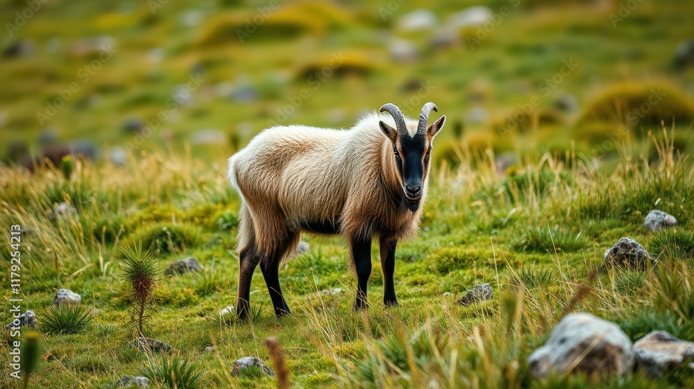 Mountain goat stands on a grassy hillside surrounded by rocks in a natural habitat