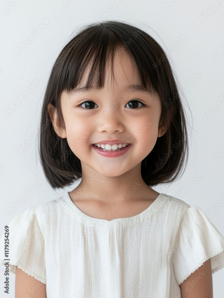Happy Asian girl child with short black hair and joyful smile, wearing white shirt, isolated on bright white background, ample copyspace for text. Happy Asian girl child with short black hair and joyful smile, wearing white shirt, isolated on bright white background, ample copyspace for text.