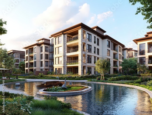 New modern block of flats in green area residential apartment with flat buildings exterior