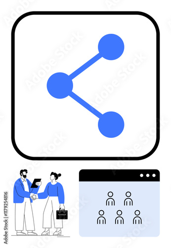 Network-sharing icon, business handshake of two professionals, and group collaboration window. Ideal for teamwork, networking, connectivity, social media, partnerships, online meetings abstract line