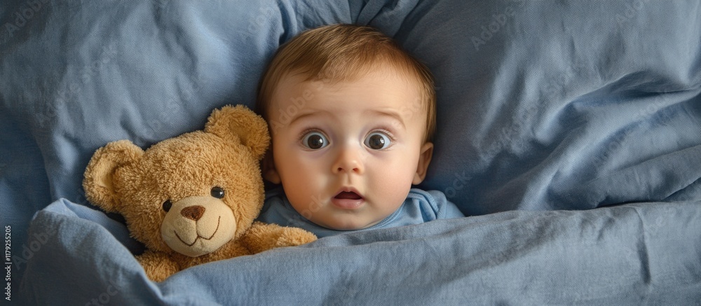 Surprised infant boy lying on soft blue bed linens with teddy bear toy looking up with wide eyes and ample copyspace for text Surprised infant boy lying on soft blue bed linens with teddy bear toy looking up with wide eyes and ample copyspace for text