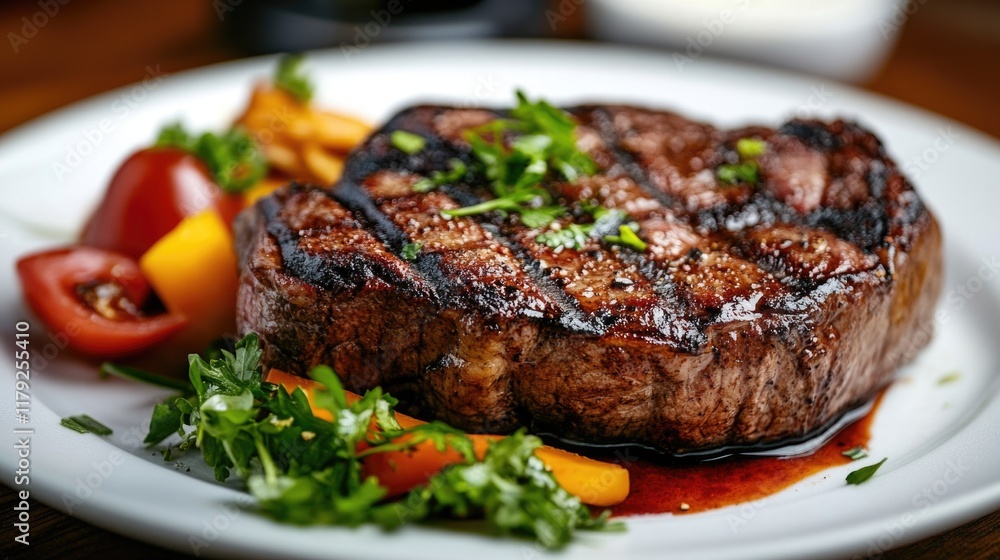 Juicy grilled ribeye steak garnished with fresh herbs, served with colorful cherry tomatoes and vibrant bell peppers on a white plate, close-up view Juicy grilled ribeye steak garnished with fresh herbs, served with colorful cherry tomatoes and vibrant bell peppers on a white plate, close-up view