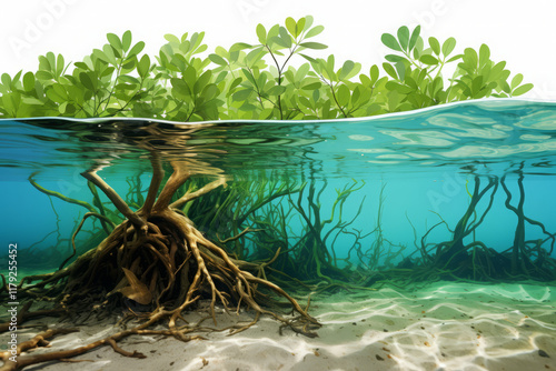 Eye catching Mangrove tree and roots under water surface green foliage. mangrove forest.