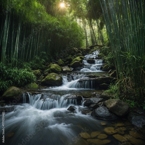 A misty waterfall flowing into a river, with vines and ferns hanging nearby.