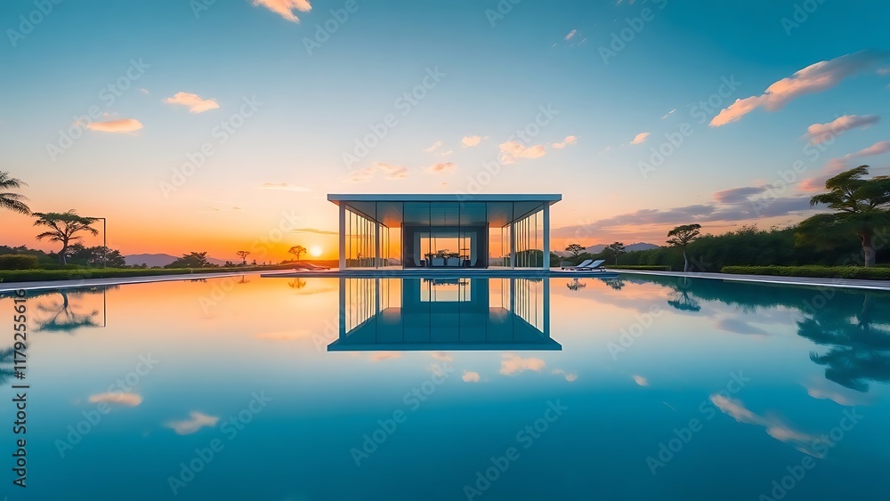 A Serene Modern Pavilion with Reflecting Pool at Sunset. A Serene Modern Pavilion with Reflecting Pool at Sunset.