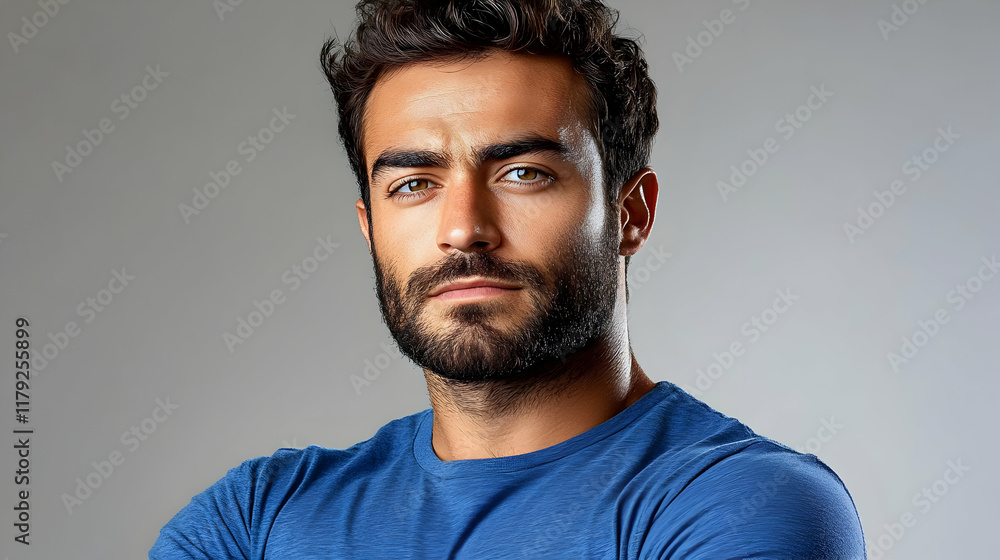 Portrait of a Bearded Man with Intense Gaze in a Blue Shirt Against a Gray Background Portrait of a Bearded Man with Intense Gaze in a Blue Shirt Against a Gray Background