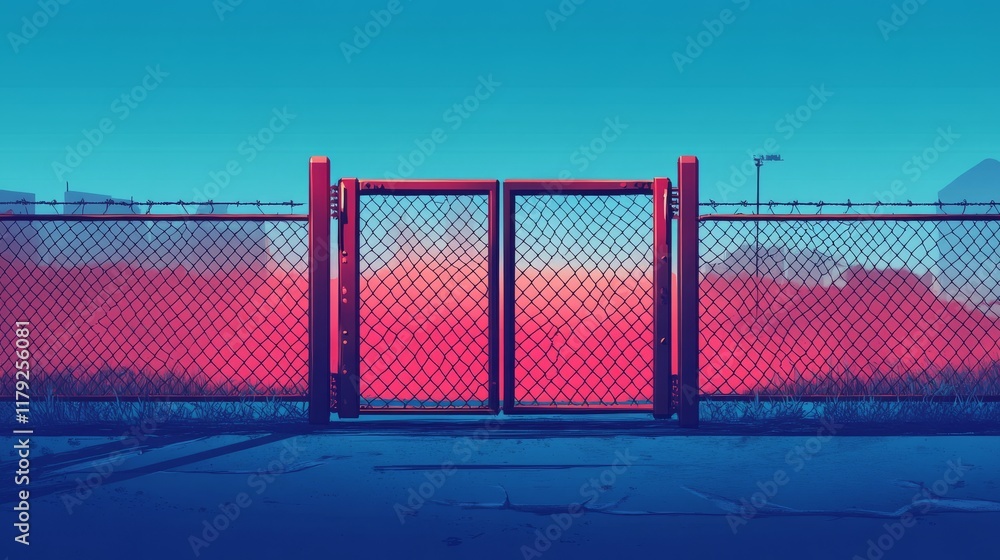 Red Gate Sunset Chain Link Fence Cityscape Red Gate Sunset Chain Link Fence Cityscape
