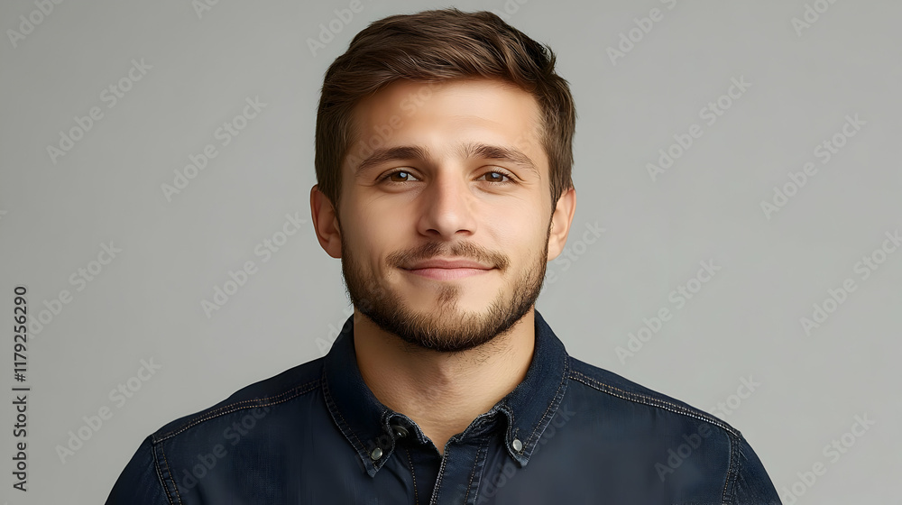 Portrait of a young man smiling gently with a neat beard and brown hair wearing a dark shirt. Portrait of a young man smiling gently with a neat beard and brown hair wearing a dark shirt.