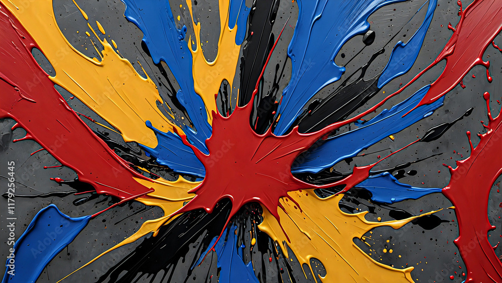 Fototapeta premium Bold abstract design featuring thick paint strokes and grunge texture details. Colors like blood red, mustard yellow, electric blue, and dark gray create an energetic, raw, and edgy aesthetic.