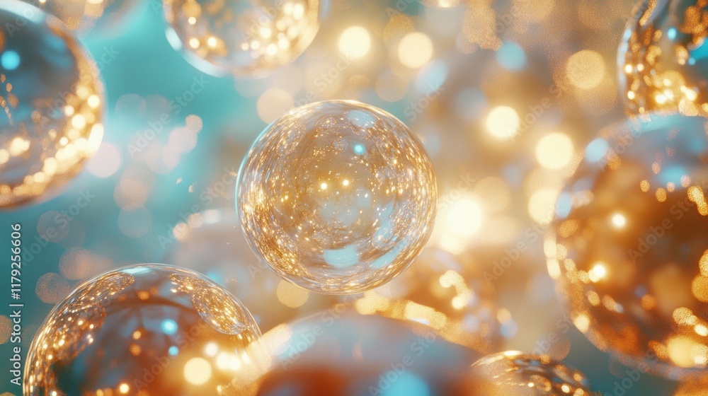 Abstract Golden Spheres Floating in Teal Space: A 3D Render of Luxurious, Reflective Orbs Abstract Golden Spheres Floating in Teal Space: A 3D Render of Luxurious, Reflective Orbs