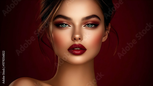 Wallpaper Mural Woman with Red Lipstick and Winged Eyeliner Poses on Dark Red Background Torontodigital.ca