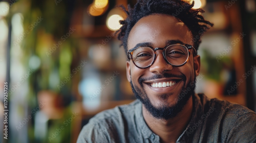 Happy Man Smiling Wearing Glasses Inside Happy Man Smiling Wearing Glasses Inside