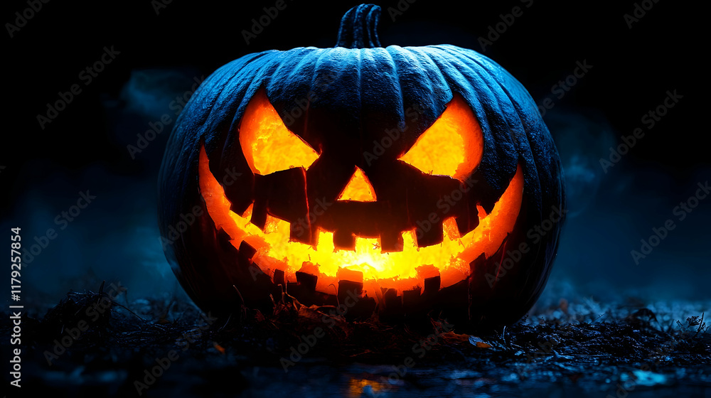 Fototapeta premium Glowing Jack-o'-lantern Sits Menacingly in the Dark Night with Fog Rolling Around It