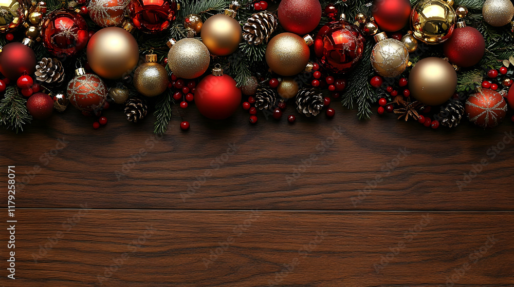 Christmas Ornaments and Pine Cones Decorate a Rustic Wood Background for the Holidays Christmas Ornaments and Pine Cones Decorate a Rustic Wood Background for the Holidays