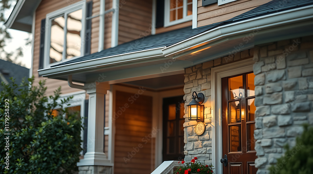 Obraz premium Evening view of a home's exterior. Features a stone facade, wood siding, and a front door with glass panes. Landscaping is partially visible. Lighting illuminates the entryway.