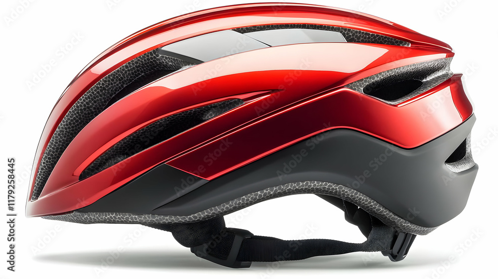 Red and Black Bicycle Helmet Isolated on White Background Displays Modern Safety Design. Red and Black Bicycle Helmet Isolated on White Background Displays Modern Safety Design.