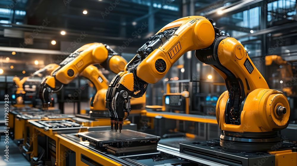 Robotic Arms Working on Assembly Line in a Modern Factory Efficiently and Precisely Robotic Arms Working on Assembly Line in a Modern Factory Efficiently and Precisely