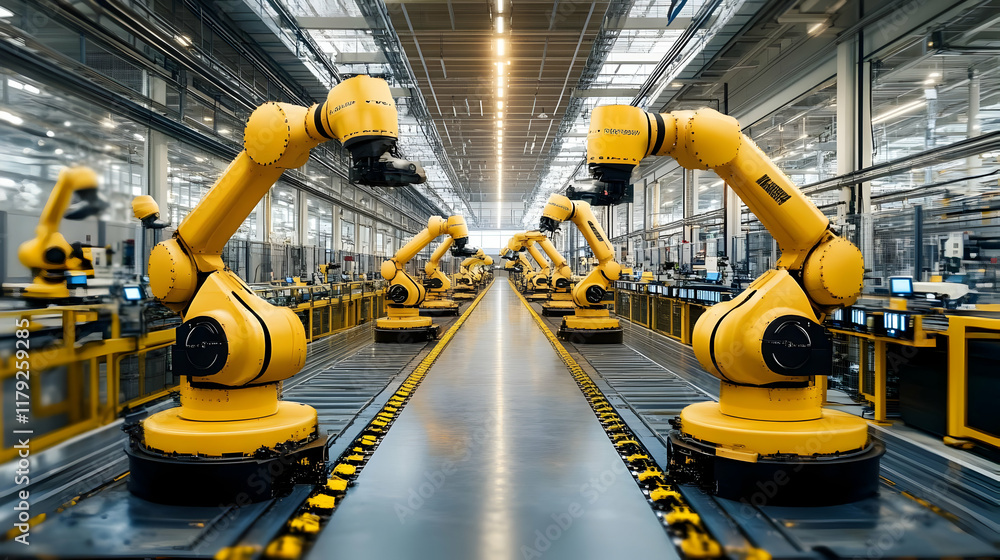 Yellow Robotic Arms Working on Assembly Line in Modern Factory, Enhancing Production Efficiency. Yellow Robotic Arms Working on Assembly Line in Modern Factory, Enhancing Production Efficiency.