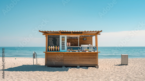 Beachfront Ice Cream Parlor Kiosk with Ocean Background photo