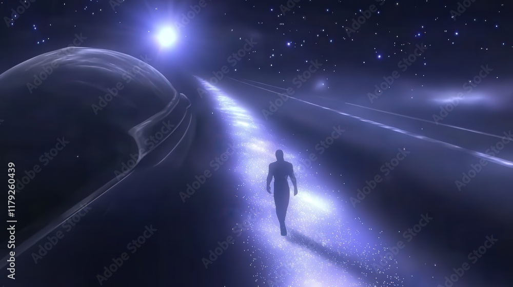 Fototapeta premium A Solitary Figure Walking on a Cosmic Pathway Among Celestial Bodies in a Mystical Starry Universe