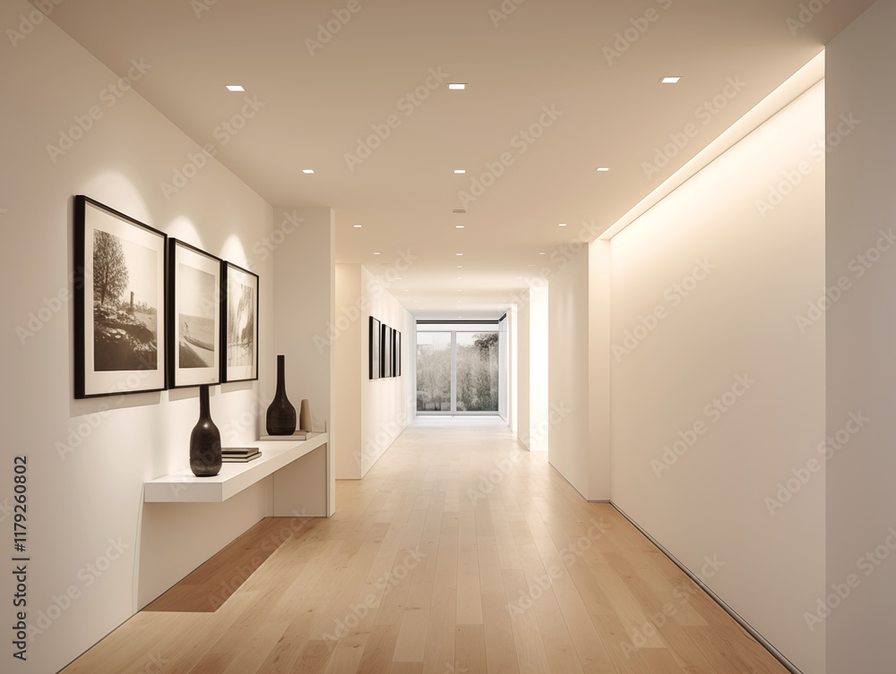 Simple minimalist hallway with white walls, minimalist wooden furniture and artwork on the wall Simple minimalist hallway with white walls, minimalist wooden furniture and artwork on the wall