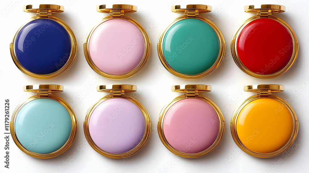 Colorful Compact Makeup Cases Open on White Background Displaying Vibrant Product Colorful Compact Makeup Cases Open on White Background Displaying Vibrant Product
