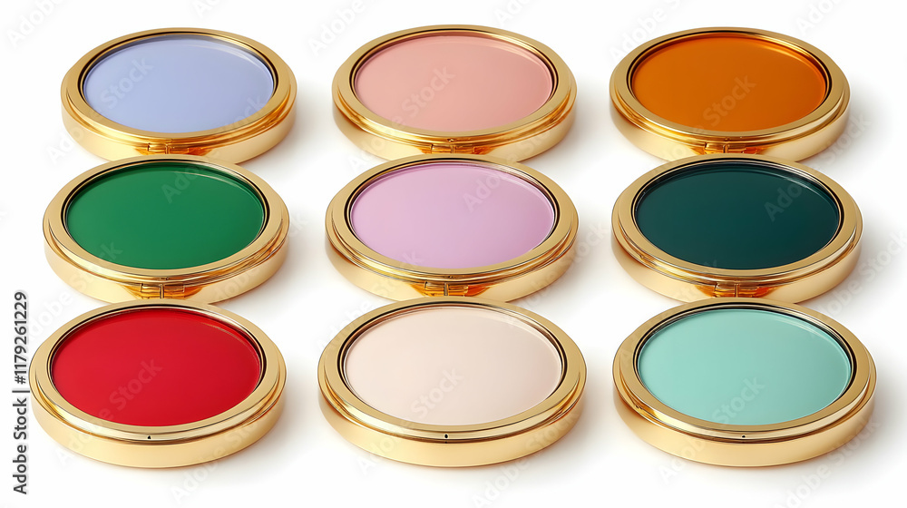 Nine Colorful Cosmetic Compacts Arranged Neatly on a White Background Nine Colorful Cosmetic Compacts Arranged Neatly on a White Background