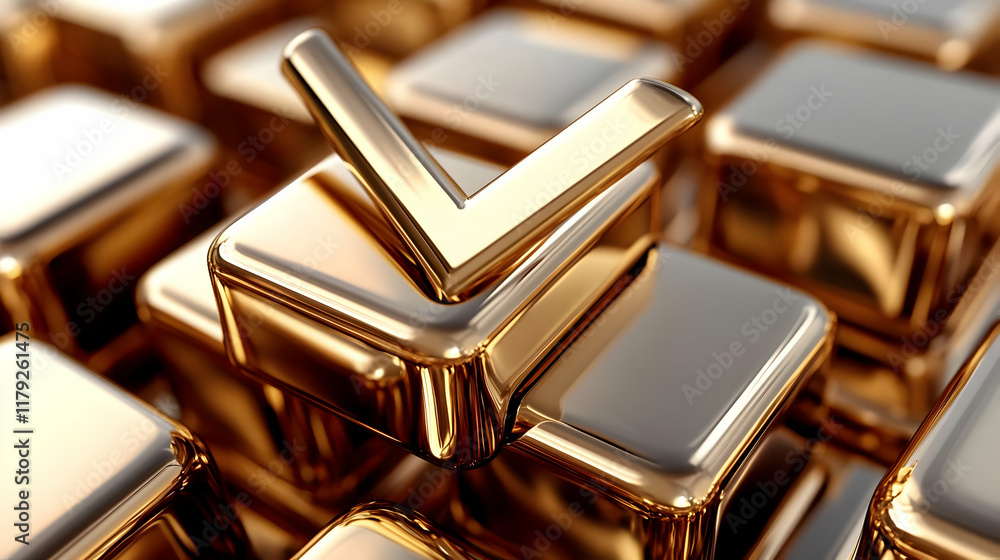 Gold Check Mark Rises Above Shiny Cubes: A 3D Render of Success and Achievement. Gold Check Mark Rises Above Shiny Cubes: A 3D Render of Success and Achievement.