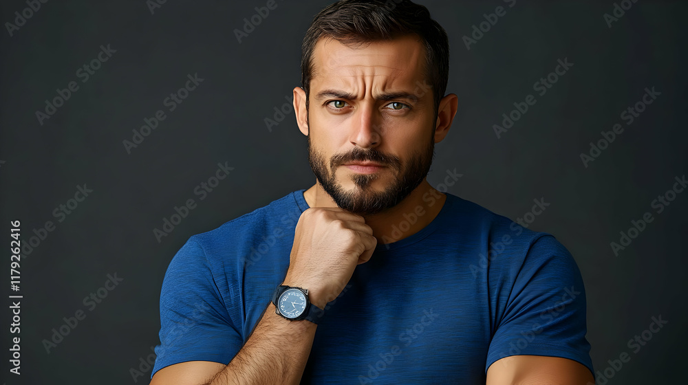 Portrait of a Serious Man with Beard Wearing a Blue T-shirt and Watch on Dark Background Portrait of a Serious Man with Beard Wearing a Blue T-shirt and Watch on Dark Background