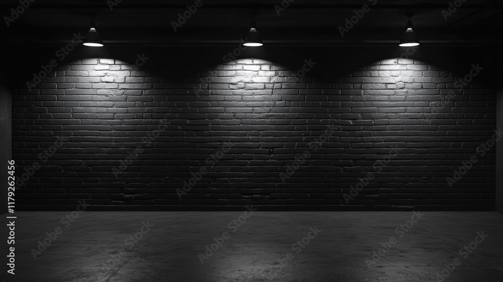 Dark room with spotlights illuminating a brick wall. Dark room with spotlights illuminating a brick wall.
