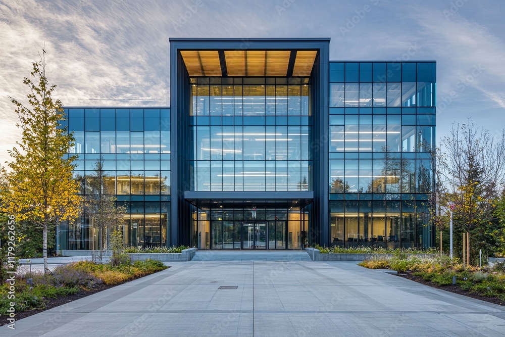 Obraz premium Modern Glass Office Building: Evening Architectural Photography