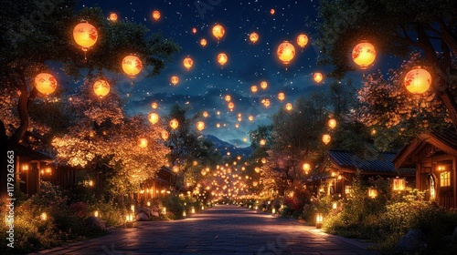 Magical night scene with lanterns floating over a village path.