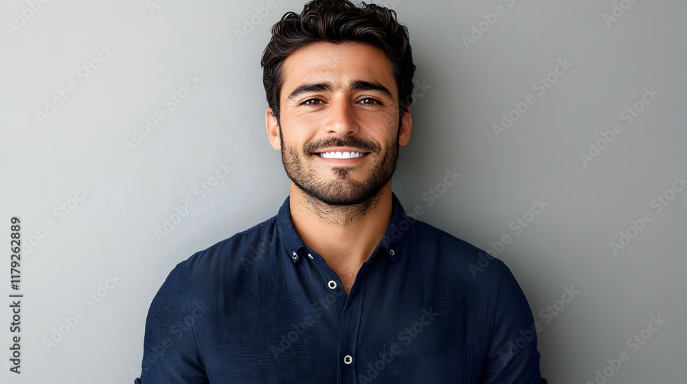 Portrait of a Smiling Man with Dark Hair and a Beard, Wearing a Blue Shirt Against a Gray Background Portrait of a Smiling Man with Dark Hair and a Beard, Wearing a Blue Shirt Against a Gray Background