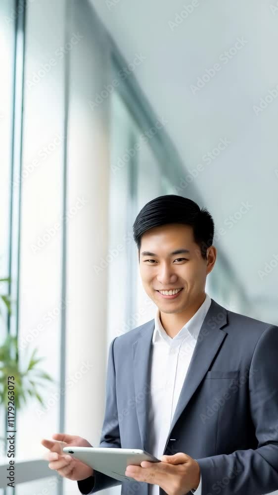 Happy business Asian man using a tablet computer in office corridor. Casual photography Happy business Asian man using a tablet computer in office corridor. Casual photography