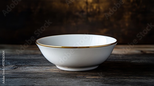 Elegant bone china soup bowl with metallic gold rim accent, pristine white porcelain, shallow curved design, luxurious dinnerware on dark wooden table, soft focused background, product photography,