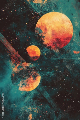 Abstract cosmic art with vibrant orange and red planets against a deep teal and black galaxy background, featuring starry and textured details
