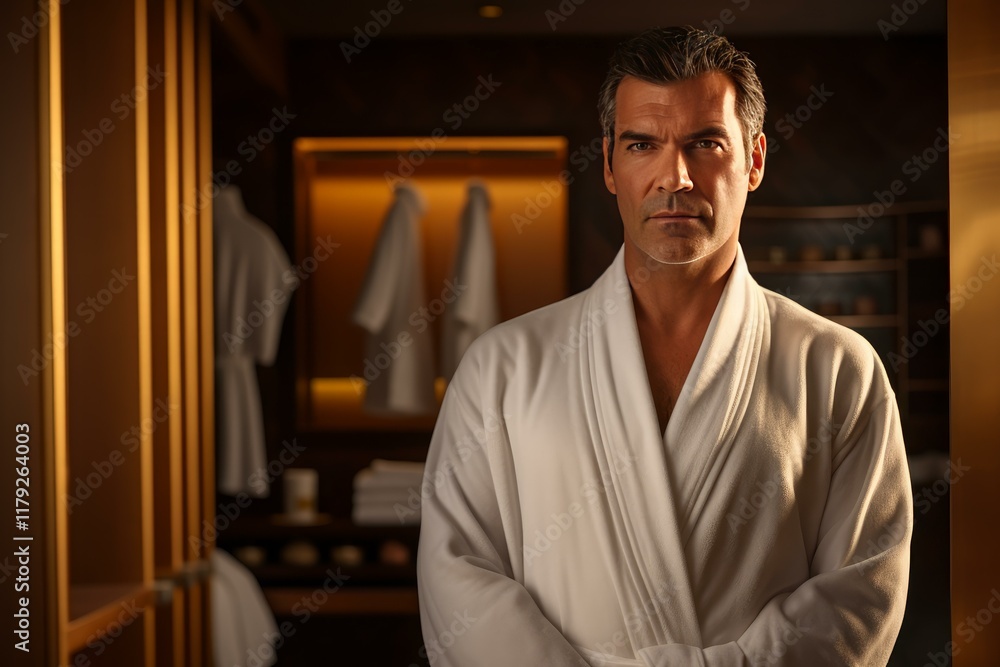 Confident businessman wearing white bathrobe standing in hotel room or spa Confident businessman wearing white bathrobe standing in hotel room or spa