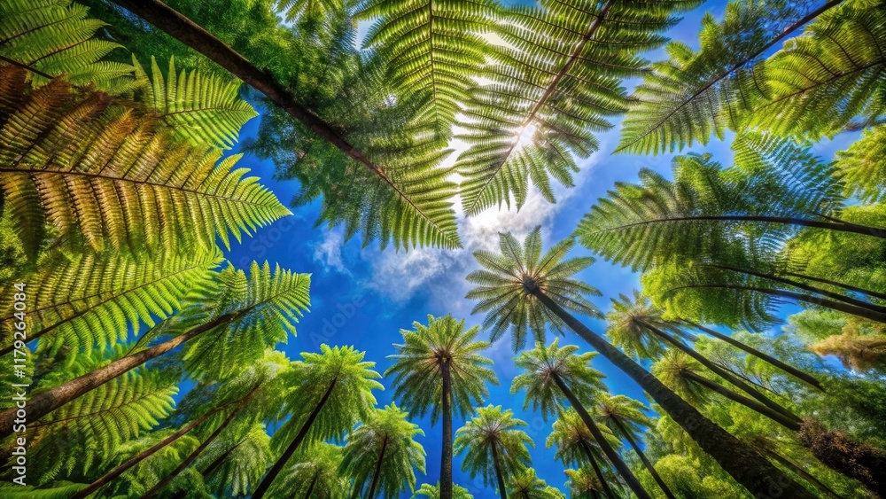 Fototapeta premium Breathtaking Panoramic View of Tall Ferns with Large Canopy in Hypnotic Radial Pattern Against a Stunning Blue Sky in New Zealand's Lush Wilderness