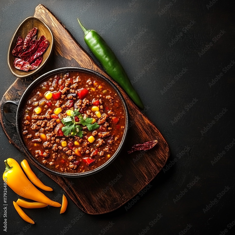 A flavorful bowl of vibrant beef chili with corn, colorful peppers, and fresh cilantro, served on a rustic wooden board. Perfect for chili enthusiasts and gatherings A flavorful bowl of vibrant beef chili with corn, colorful peppers, and fresh cilantro, served on a rustic wooden board. Perfect for chili enthusiasts and gatherings