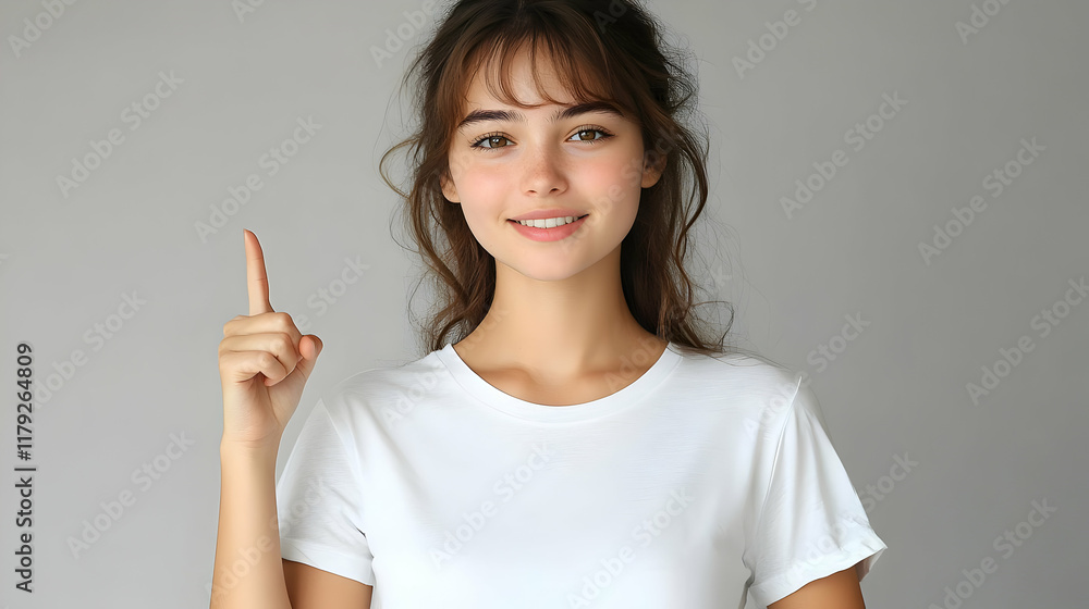 Young Woman Points Upward with Index Finger, Expressing an Idea or Making a Point Against a Gray Backdrop Young Woman Points Upward with Index Finger, Expressing an Idea or Making a Point Against a Gray Backdrop
