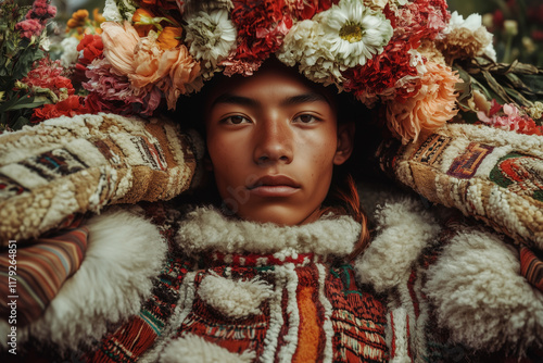 A man wearing a colorful headdress and a white jacket. Nonbinary person adorned in traditional andean cloth photo