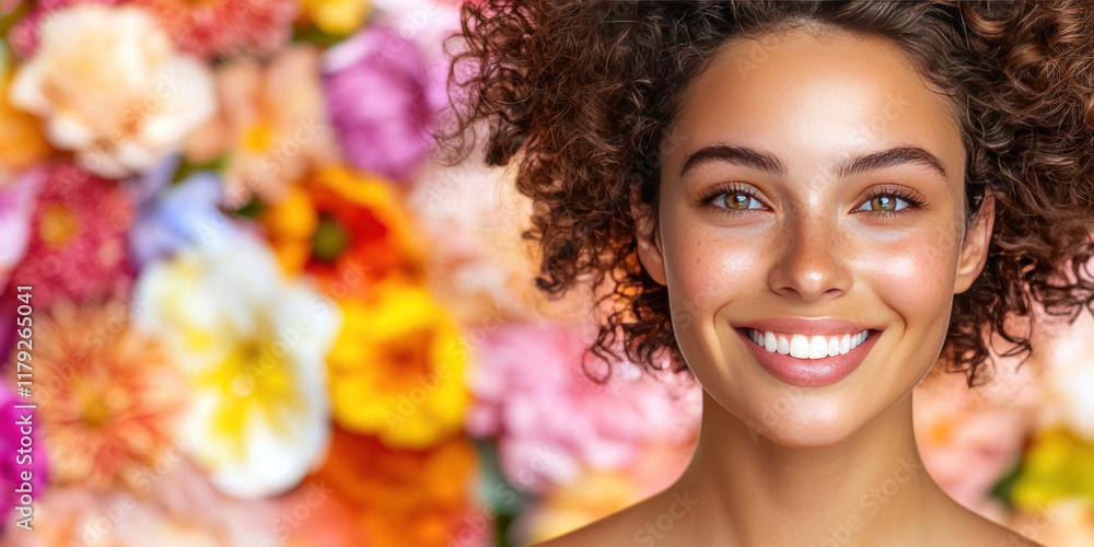 Fototapeta premium Nourishment brings complexion and radiance Concept. Radiant woman smiling with curly hair against colorful floral background