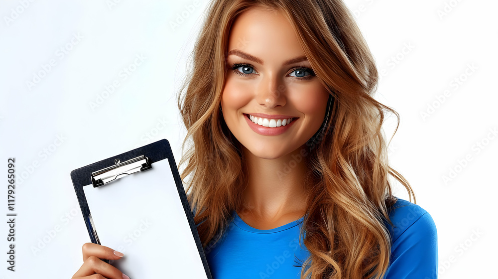 Fototapeta premium Smiling Woman Holds Clipboard with Blank Paper, Ready for Your Text or Design